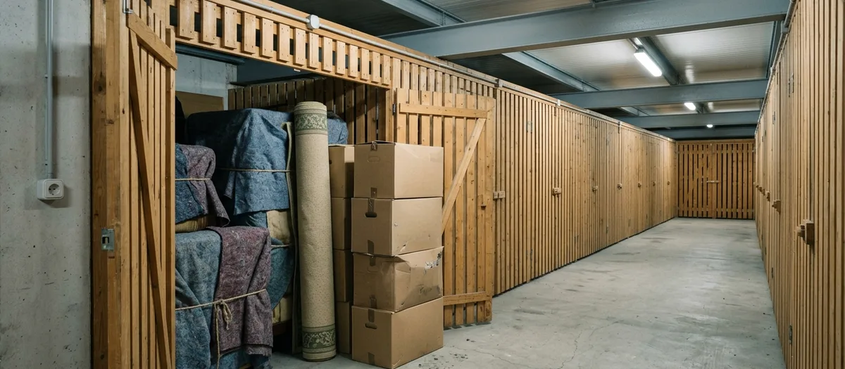 Eine Reihe hölzerner Lattenabteile in einer trockenen Halle, im vordersten stehen in Decken gepackte Möbel, eine Teppichrolle und braune Kartons.