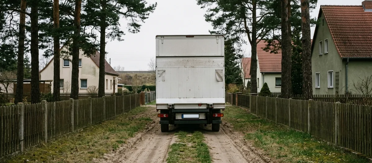 Möbelkoffer auf einer sandigen Stichstraße zwischen Kiefern im Norden von Berlin