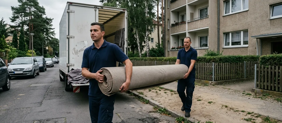 Entladen vor einem viergeschossigen Wohnhaus am Zielort, Umzug von Hohen Neuendorf nach Erfurt