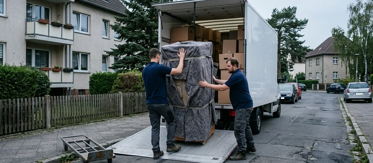 Träger beladen den Möbelkoffer in Hohen Neuendorf für die Fahrt nach Leipzig