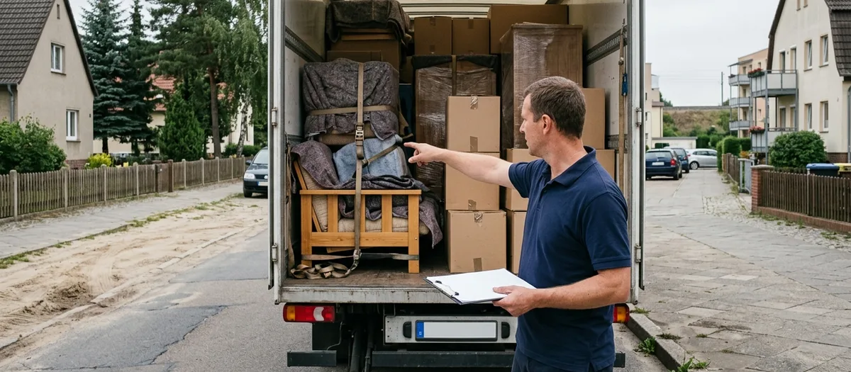 Gurte und Ladung im Möbelkoffer werden vor der Fahrt von Hohen Neuendorf nach Stuttgart durchgezählt