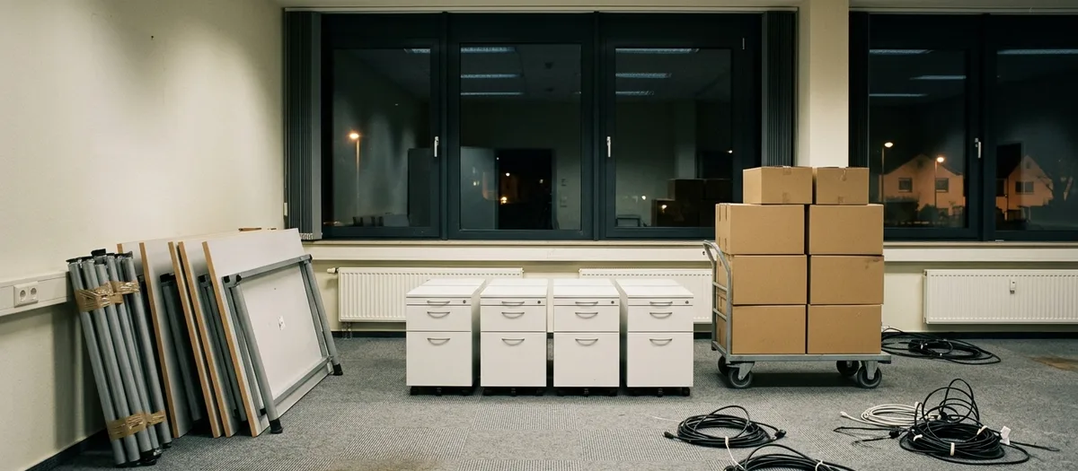 Zerlegte Schreibtischplatten, Rollcontainer und braune Kartons stehen abfahrbereit in einem leergeräumten Büro.