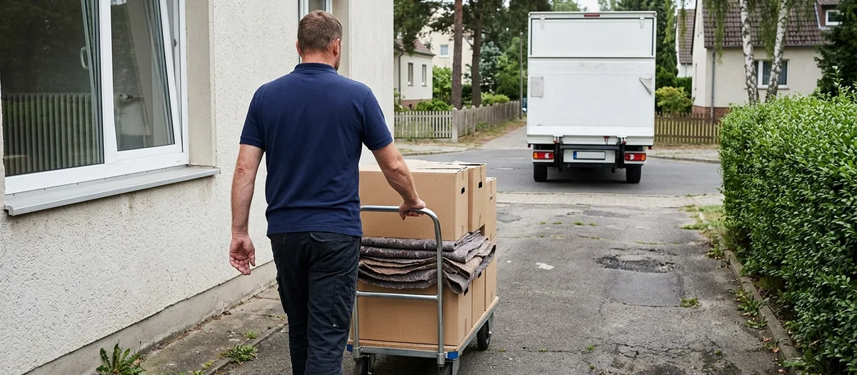 Eine Kraft schiebt einen beladenen Möbelroller über einen schmalen Plattenweg zum wartenden Möbelkoffer