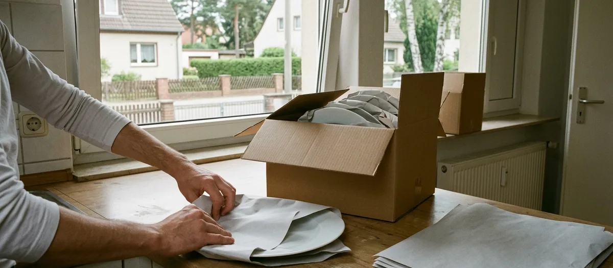 Zwei Hände wickeln einen Teller in Packpapier, daneben ein halb gefüllter brauner Karton auf der Küchenarbeitsplatte.