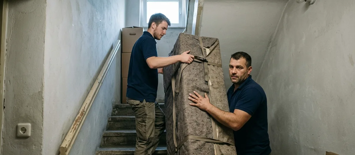 Zwei Träger tragen einen in Decken gepackten Schrank eine Kellertreppe hinauf
