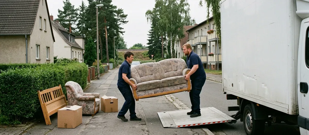 Zwei Träger heben ein ausrangiertes Sofa auf die Ladebordwand eines Möbelkoffers, auf dem Gehweg stehen noch ein Sessel und ein zerlegtes Bettgestell.