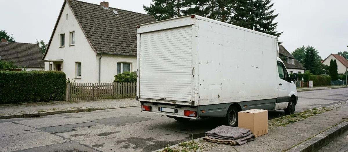 Möbelkoffer am Straßenrand vor einem Einfamilienhaus in Hohen Neuendorf, daneben stehen Decken und Kartons auf dem Gehweg