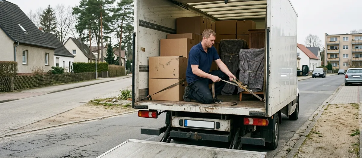 Eine Kraft kniet im Laderaum und zurrt einen Spanngurt über gestapelte Kartons und verpackte Möbel