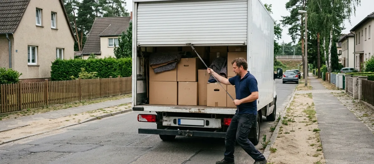 Eine Kraft zieht den Rollladen am beladenen Möbelkoffer herunter, der Wagen fährt kurzfristig noch am selben Tag los