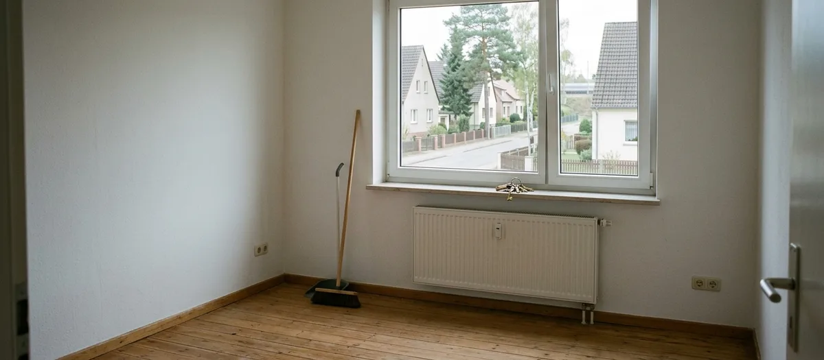Leere besenreine Wohnung am Übergabetag, in der Ecke lehnt ein Besen, auf der Fensterbank liegt ein Schlüsselbund