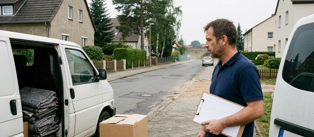 Eine Kraft steht mit dem Klemmbrett am offenen Seitenschieber des Transporters und wartet auf den Beginn des Ankunftsfensters