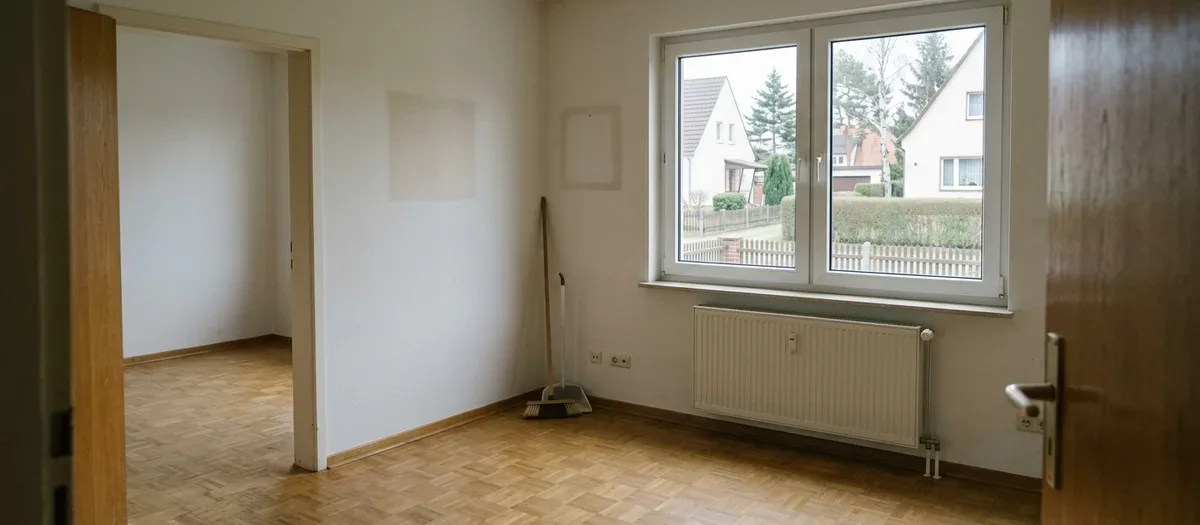 Vollständig geräumte Zweizimmerwohnung mit gekehrtem Parkett, in der Ecke lehnen Besen und Kehrblech, an der Wand helle Flächen von abgehängten Bildern.